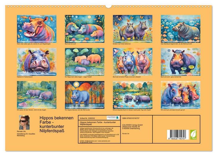 Produktbild: Hippos bekennen Farbe - kunterbunter Nilpferdspa&szlig; (hochwertiger Premium Wandkalender 2026 DIN A2 quer), Kunstdruck in Hochglanz