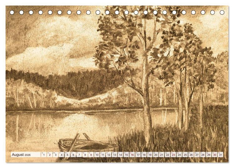 Produktbild: Pausen f&uuml;r deine Seele - Seelenlandschaften in Sepia - Ein Jahr der Ruhe mit Kohlezeichnungen (Tischkalender 2026 DIN A5 quer), CALVENDO Monatskalender