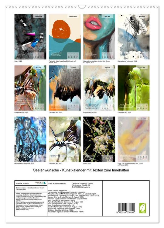 Produktbild: Seelenw&uuml;nsche - Kunstkalender mit Texten zum Innehalten (hochwertiger Premium Wandkalender 2026 DIN A2 hoch), Kunstdruck in Hochglanz