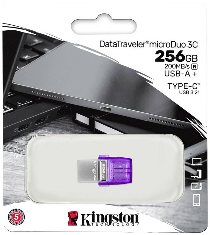 Produktbild: Kingston DataTraveler microDuo 3C USB-Stick Retail 256 GB Edelstahl, Violett DTDUO3CG3/256GB USB-A (USB 3.2 Gen 1), USB-C&reg;