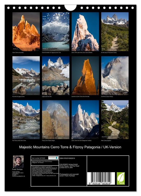 Produktbild: Majestic Mountains Cerro Torre & Fitzroy Patagonia / UK-Version (Wall Calendar 2026 DIN A4 portrait), CALVENDO 12 Month Wall Calendar