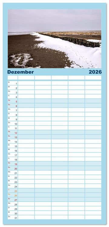 Produktbild: Familienplaner 2026 - Nordfriesland - weiter Horizont, faszinierende Natur, idyllische St&auml;dte mit 5 Spalten (Wandkalender, 21 x 45 cm) CALVENDO