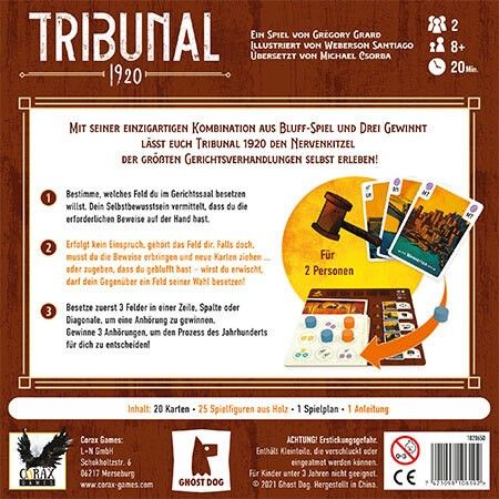 Produktbild: Corax Games 1028650 - Tribunal 1920, Kombination aus Bluff-Spiel und Drei Gewinnt
