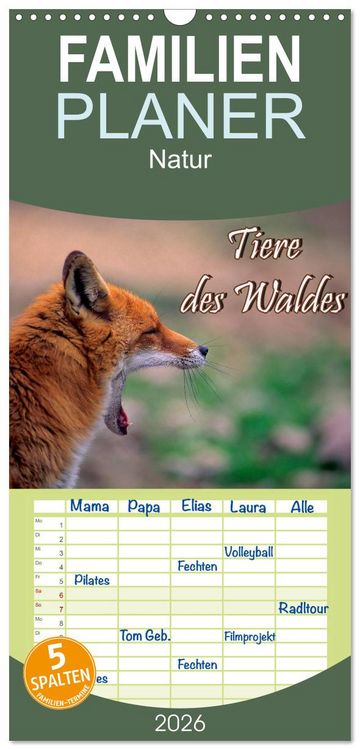 Produktbild: Familienplaner 2026 - Tiere des Waldes mit 5 Spalten (Wandkalender, 21 x 45 cm) CALVENDO