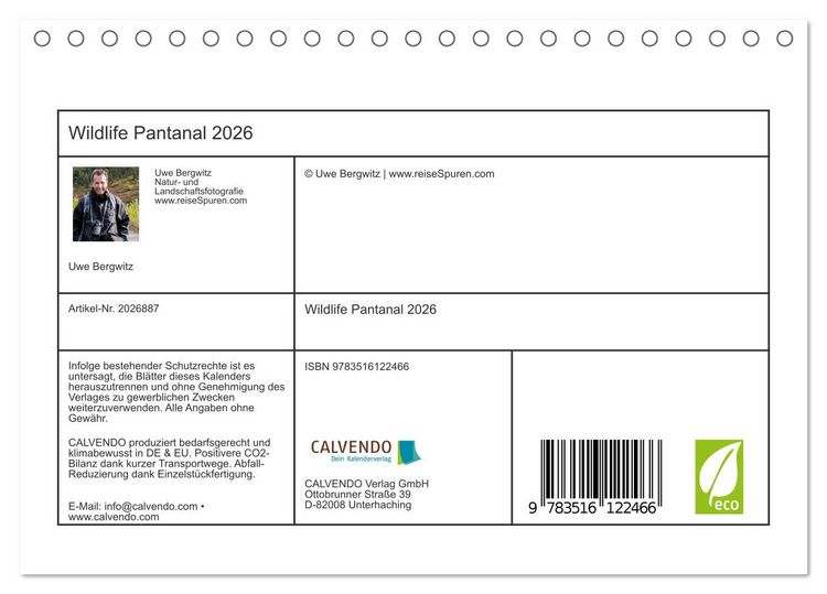 Produktbild: Wildlife Pantanal 2026 (Tischkalender 2026 DIN A5 quer), CALVENDO Monatskalender