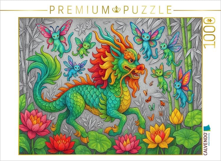 Produktbild: CALVENDO Puzzle Chinesischer Qilin und Libellenkatzen | 1000 Teile Lege-Gr&ouml;&szlig;e 64x48cm Foto-Puzzle f&uuml;r gl&uuml;ckliche Stunden