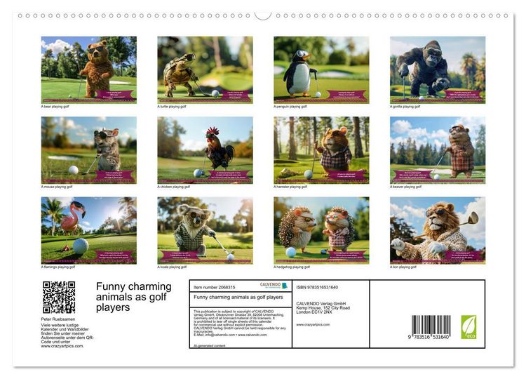 Produktbild: Funny charming animals as golf players (High Quality Premium Wall Calendar 2026 DIN A2 landscape),CALVENDO 12 Month Wall Calendar