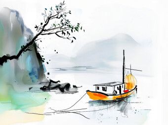 Produktbild: CALVENDO Puzzle Chinesische Dschunke am Ufer eines Sees. Tuschemalerei | 2000 Teile Lege-Gr&ouml;&szlig;e 90x67cm Foto-Puzzle f&uuml;r gl&uuml;ckliche Stunden