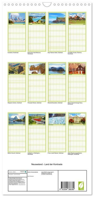 Produktbild: Familienplaner 2027 - Neuseeland - Land der Kontraste mit 5 Spalten (Wandkalender, 21 x 45 cm) CALVENDO