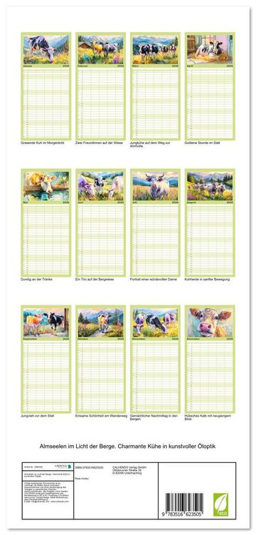 Produktbild: Familienplaner 2026 - Almseelen im Licht der Berge. Charmante K&uuml;he in kunstvoller &Ouml;loptik mit 5 Spalten (Wandkalender, 21 x 45 cm) CALVENDO