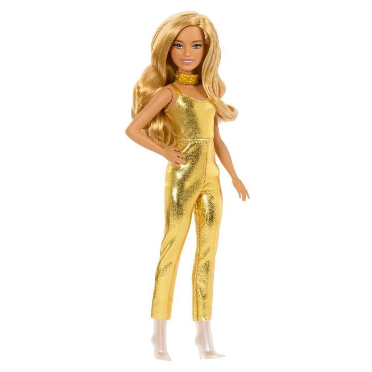 Produktbild: Barbie Fashionistas Puppe #222, petite Körpergröße, welliges blondes Haar, goldener Jumpsuit, 65. Jubiläum