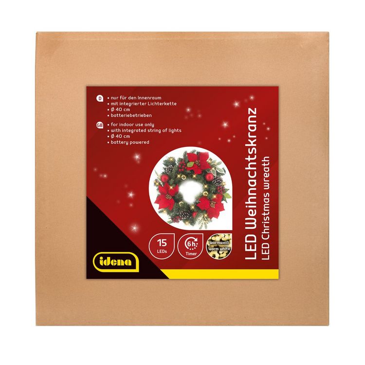 Produktbild: Idena Weihnachtskranz 15 LED 6h Timer &Oslash;40cm batteriebetrieben warmwei&szlig; f&uuml;r Innen