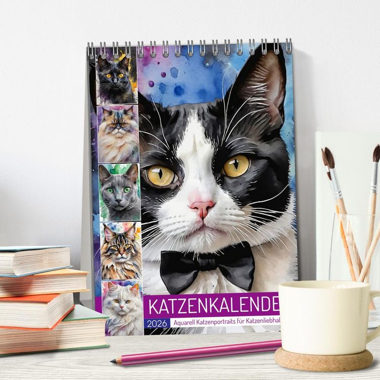 Produktbild: KATZENKALENDER - Aquarell Katzenportraits f&uuml;r Katzenliebhaber (Tischkalender 2026 DIN A5 hoch), CALVENDO Monatskalender