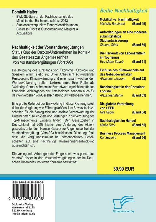 Produktbild: Nachhaltigkeit der Vorstandsverg&uuml;tungen: Status Quo der Dax-30-Unternehmen im Kontext des Gesetzes zur Angemessenheit von Vorstandsverg&uuml;tungen (VorstAG)