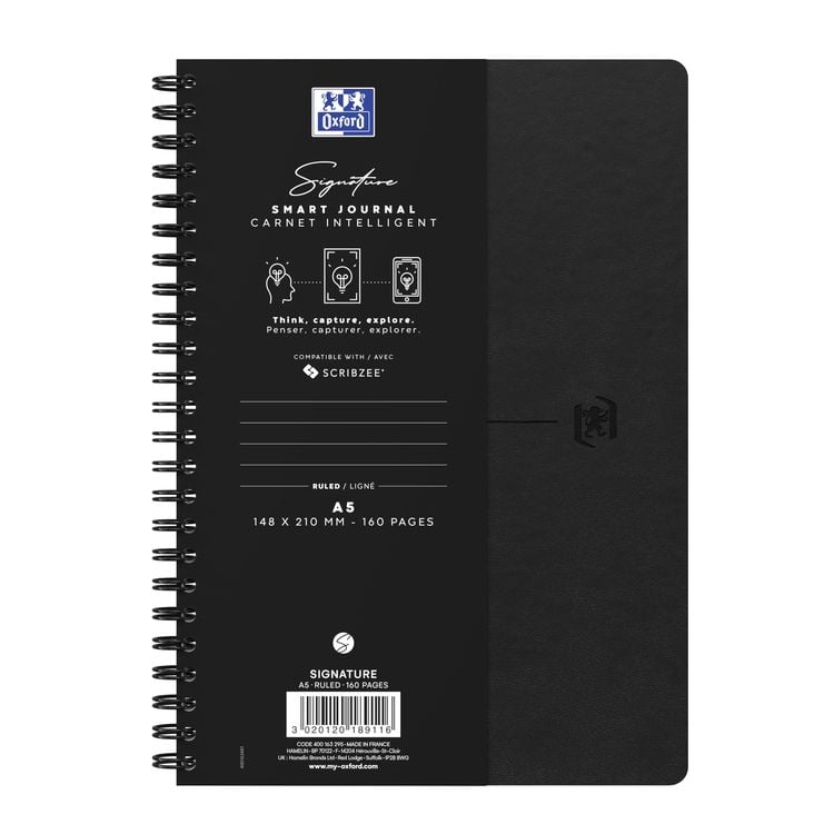Produktbild: Oxford Spiralbuch Signature A5, liniert, mit flexiblem Cover, 80 Blatt, Optik Paper&reg;, SCRIBZEE&reg; kompatibel, schwarz