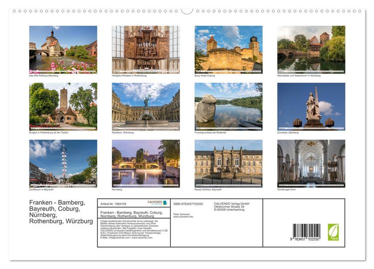 Produktbild: Franken - Bamberg, Bayreuth, Coburg, N&uuml;rnberg, Rothenburg, W&uuml;rzburg (hochwertiger Premium Wandkalender 2026 DIN A2 quer), Kunstdruck in Hochglanz
