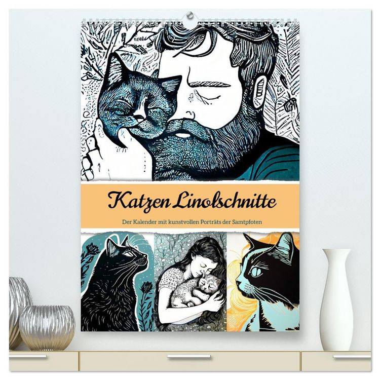 Produktbild: Katzen Linolschnitt - Der Kalender mit kunstvollen Portr&auml;ts der Samtpfoten (hochwertiger Premium Wandkalender 2026 DIN A2 hoch), Kunstdruck in Hochglanz