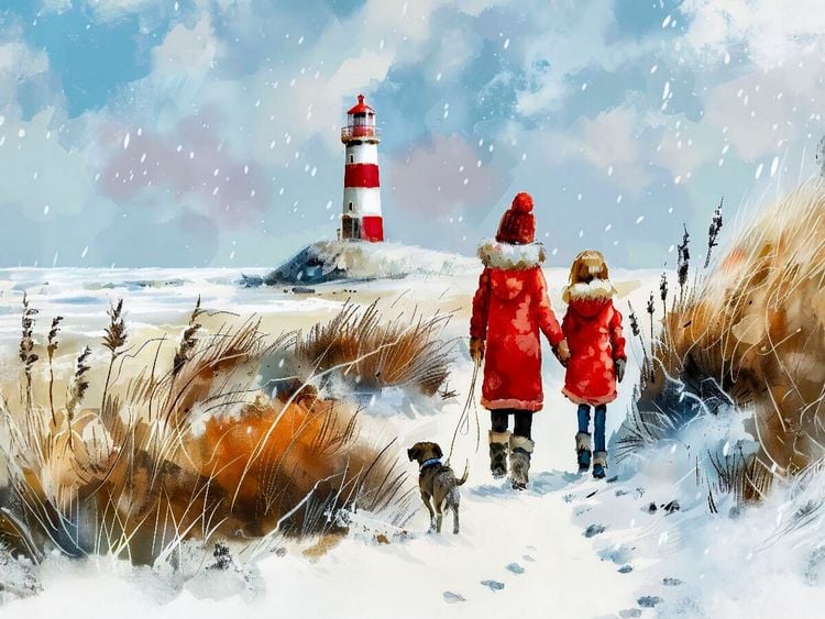 Produktbild: CALVENDO Puzzle Winterspaziergang mit Hund am Meer Aquarellbild | 1000 Teile Lege-Gr&ouml;&szlig;e 64x48cm Foto-Puzzle f&uuml;r gl&uuml;ckliche Stunden