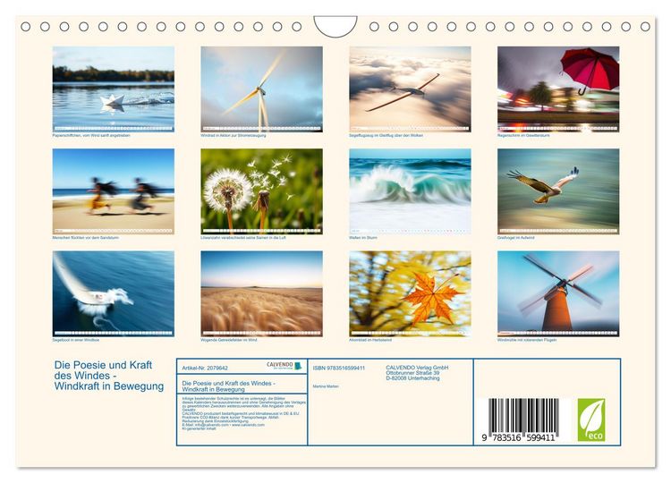 Produktbild: Die Poesie und Kraft des Windes - Windkraft in Bewegung (Wandkalender 2026 DIN A4 quer), CALVENDO Monatskalender