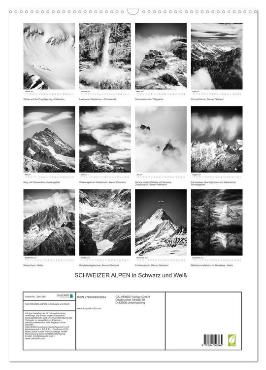 Produktbild: SCHWEIZER ALPEN in Schwarz und Wei&szlig; (Wandkalender 2027 DIN A2 hoch), CALVENDO Monatskalender
