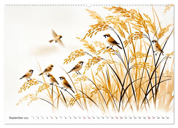 Produktbild: Federleicht - Vogelwelt im Stile asiatischer Tuschmalerei (hochwertiger Premium Wandkalender 2026 DIN A2 quer), Kunstdruck in Hochglanz