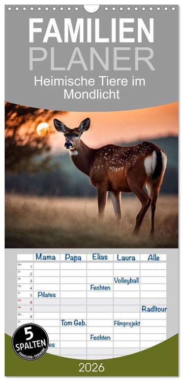 Produktbild: Familienplaner 2026 - Heimische Tiere im Mondlicht mit 5 Spalten (Wandkalender, 21 x 45 cm) CALVENDO
