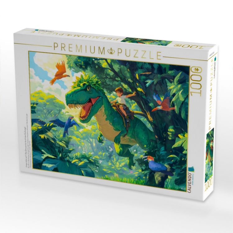 Produktbild: CALVENDO Puzzle Junge reitet auf T-Rex Dinosaurier durch den Dschungel | 1000 Teile Lege-Gr&ouml;&szlig;e 64x48cm Foto-Puzzle f&uuml;r gl&uuml;ckliche Stunden