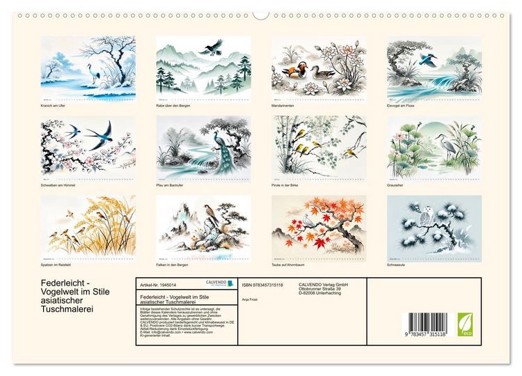 Produktbild: Federleicht - Vogelwelt im Stile asiatischer Tuschmalerei (hochwertiger Premium Wandkalender 2026 DIN A2 quer), Kunstdruck in Hochglanz