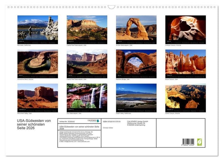 Produktbild: USA-S&uuml;dwesten von seiner sch&ouml;nsten Seite 2026 (Wandkalender 2026 DIN A2 quer), CALVENDO Monatskalender