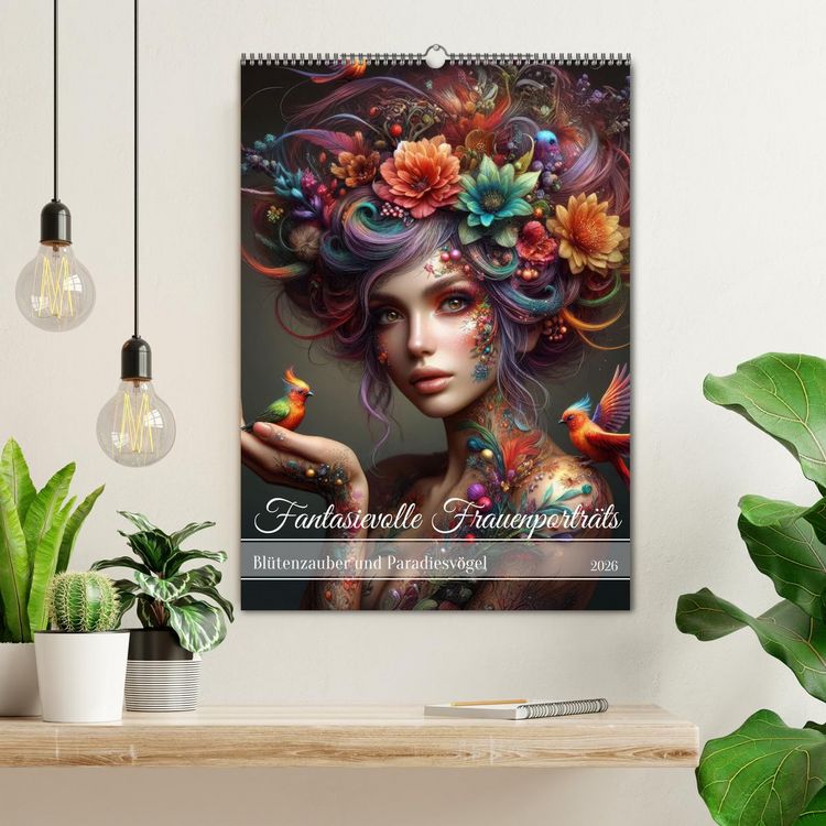 Produktbild: Fantasievolle Frauenportr&auml;ts - Bl&uuml;tenzauber und Paradiesv&ouml;gel (Wandkalender 2026 DIN A2 hoch), CALVENDO Monatskalender