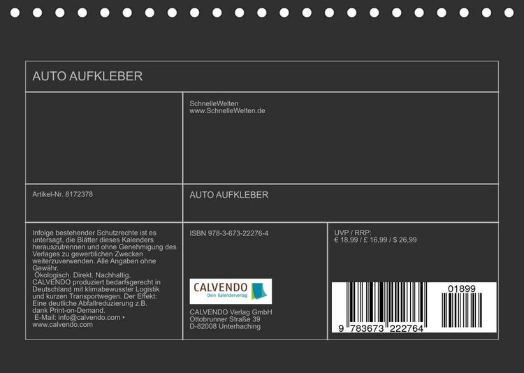 Produktbild: AUTO AUFKLEBER (Tischkalender 2022 DIN A5 quer)