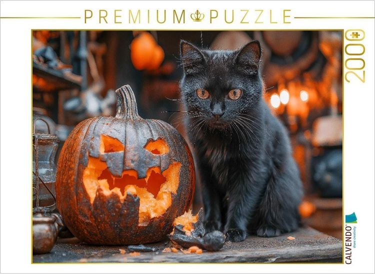 Produktbild: CALVENDO Puzzle Schwarze s&uuml;&szlig;e Katze und Halloween-K&uuml;rbis im Kerzenschein | 2000 Teile Lege-Gr&ouml;&szlig;e 90x67cm Foto-Puzzle f&uuml;r gl&uuml;ckliche Stunden