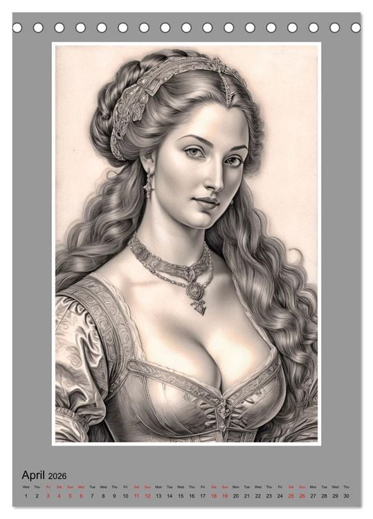 Produktbild: Baroque Beauties, Pencil Art with Artificial Intelligence (Desk Calendar 2026 DIN A5 portrait), CALVENDO 12 Month DeskCalendar