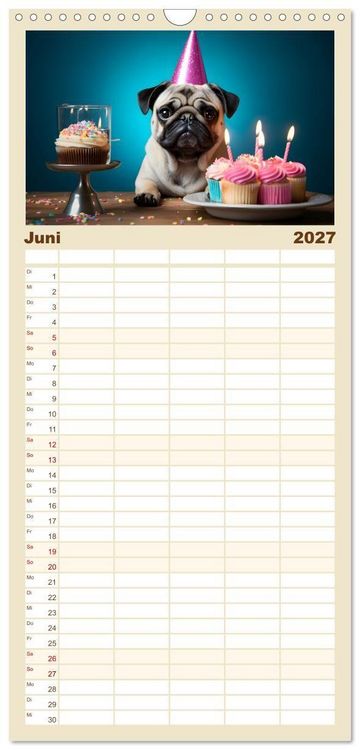 Produktbild: Familienplaner 2027 - Lustige Mops-Hunde: Die charmanten Meister von Chaos und Unfug mit 5 Spalten (Wandkalender, 21 x 45 cm) CALVENDO