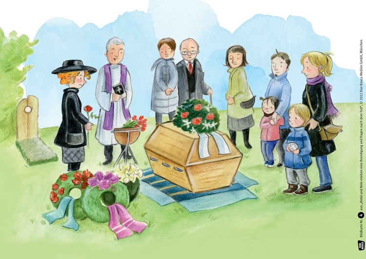 Produktbild: Bet&uuml;l und Nele erleben eine Beerdigung und fragen nach dem Tod. Kamishibai Bildkartenset