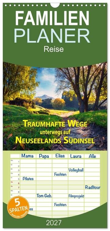 Produktbild: Familienplaner 2027 - Traumhafte Wege - Unterwegs auf Neuseelands S&uuml;dinsel mit 5 Spalten (Wandkalender, 21 x 45 cm) CALVENDO