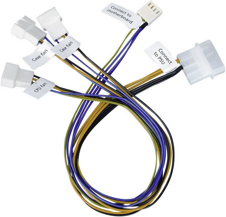 Produktbild: PC-L&uuml;fter Anschlusskabel [3x PC-L&uuml;fter Stecker 3pol., PC-L&uuml;fter Stecker 4pol. - 1x IDE-Strom-Stecker 4pol.] 0.30 m Akasa