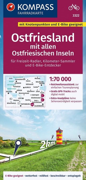Produktbild: KOMPASS Fahrradkarte 3322 Ostfriesland mit allen Ostfriesischen Inseln mit Knotenpunkten 1:70.000