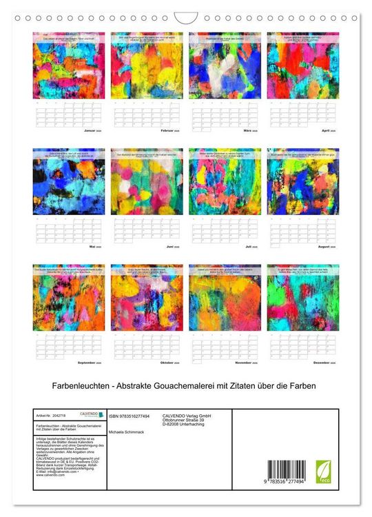 Produktbild: Farbenleuchten - Abstrakte Gouachemalerei mit Zitaten &uuml;ber die Farben (Wandkalender 2026 DIN A3 hoch), CALVENDO Monatskalender