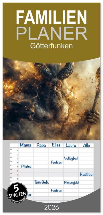 Produktbild: Familienplaner 2026 - G&ouml;tterfunken mit 5 Spalten (Wandkalender, 21 x 45 cm) CALVENDO