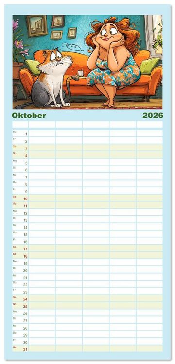 Produktbild: Familienplaner 2026 - Katzen und Frauen. Lustige Cartoons vom t&auml;glichen Chaos mit 5 Spalten (Wandkalender, 21 x 45 cm) CALVENDO