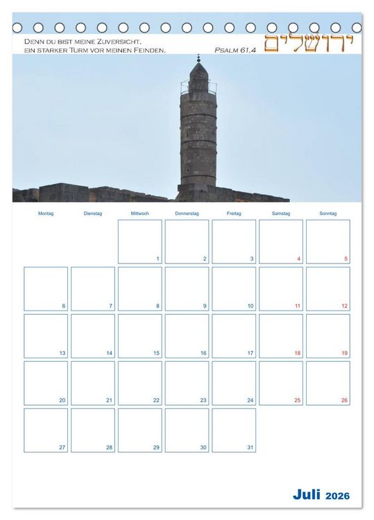 Produktbild: Jerusalem Kalender mit Bibelworten und Planer! (Tischkalender 2026 DIN A5 hoch), CALVENDO Monatskalender
