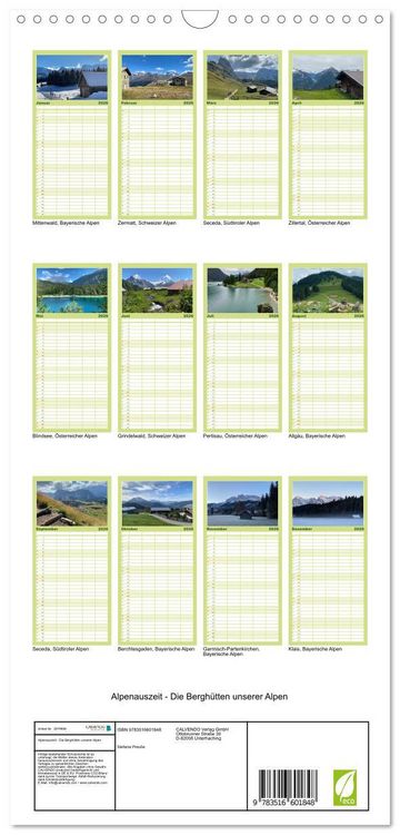 Produktbild: Familienplaner 2026 - Alpenauszeit - Die Bergh&uuml;tten unserer Alpen mit 5 Spalten (Wandkalender, 21 x 45 cm) CALVENDO