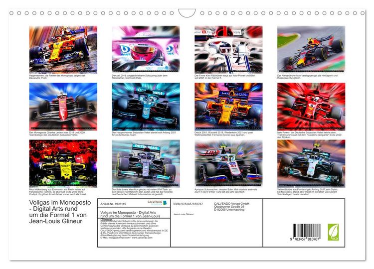 Produktbild: Vollgas im Monoposto - Digital Arts rund um die Formel 1 von Jean-Louis Glineur (Wandkalender 2026 DIN A3 quer), CALVENDO Monatskalender