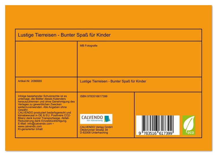 Produktbild: Lustige Tierreisen - Bunter Spa&szlig; f&uuml;r Kinder (Tischkalender 2026 DIN A5 quer), CALVENDO Monatskalender