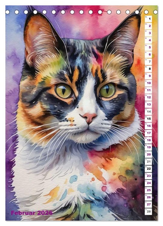 Produktbild: KATZENKALENDER - Aquarell Katzenportraits f&uuml;r Katzenliebhaber (Tischkalender 2026 DIN A5 hoch), CALVENDO Monatskalender