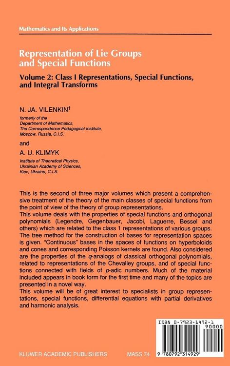 Produktbild: Representation of Lie Groups and Special Functions