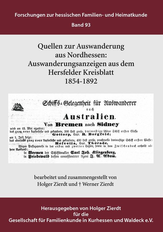 Produktbild: Auswanderungsanzeigen aus dem Hersfelder Kreisblatt 1854-1892