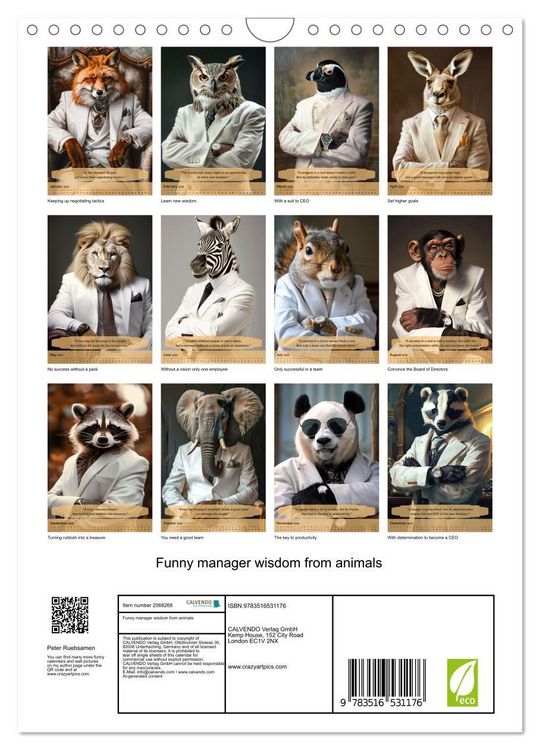 Produktbild: Funny manager wisdom from animals (Wall Calendar 2026 DIN A4 portrait), CALVENDO 12 Month Wall Calendar