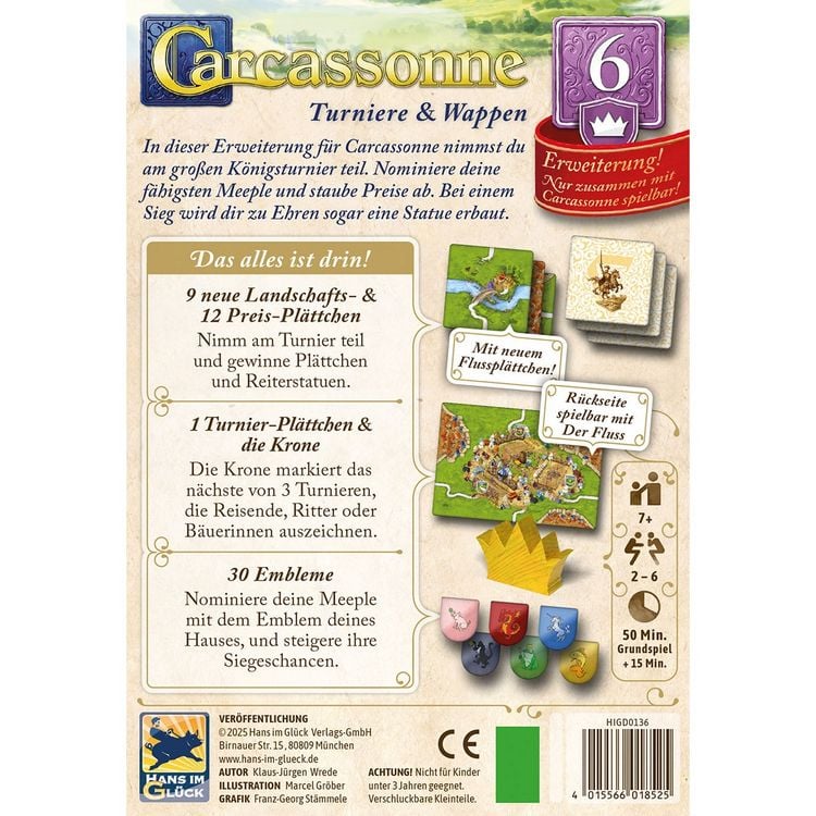 Produktbild: Hans im Gl&uuml;ck HIGD0136 - Carcassonne, Turniere & Wappen (Auflage 2025), 6. Erweiterung